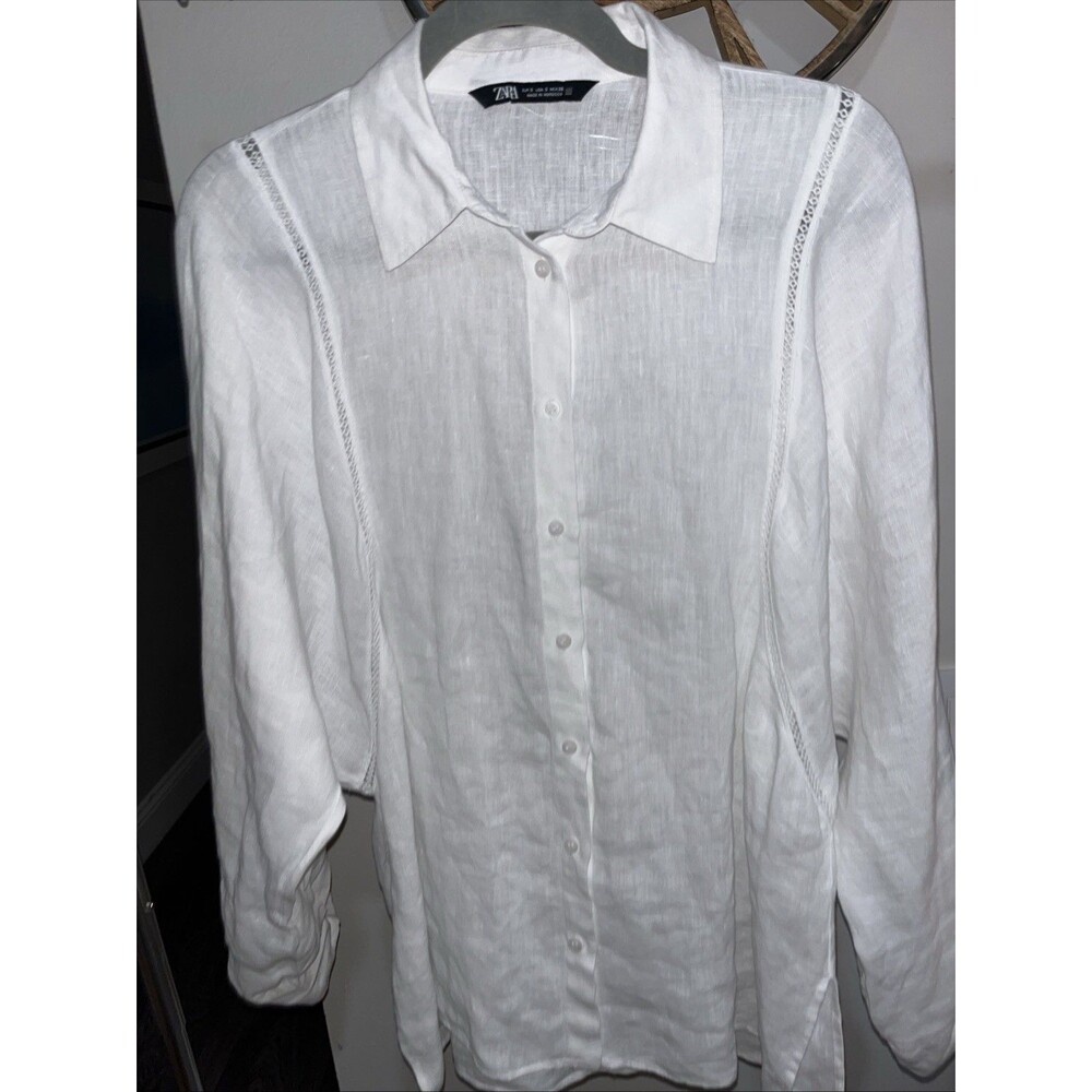 Zara white linen-blend shirt delicate lace inserts along the seams Small (IU)